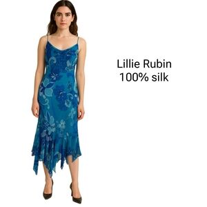 Lillie Rubin 100% Silk Floral Blue Turquoise Ysk Dress Medium